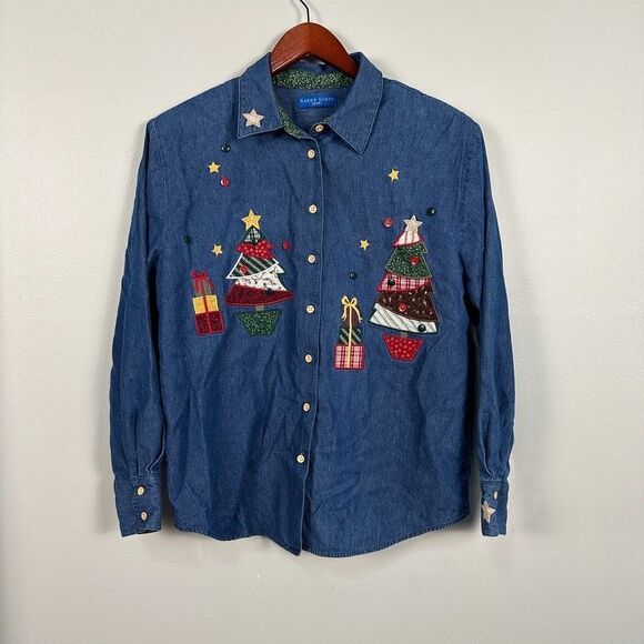 Vintage Karen Scott Womens Large Long Sleeve Button Denim Christmas Embroidered - Picture 1 of 3
